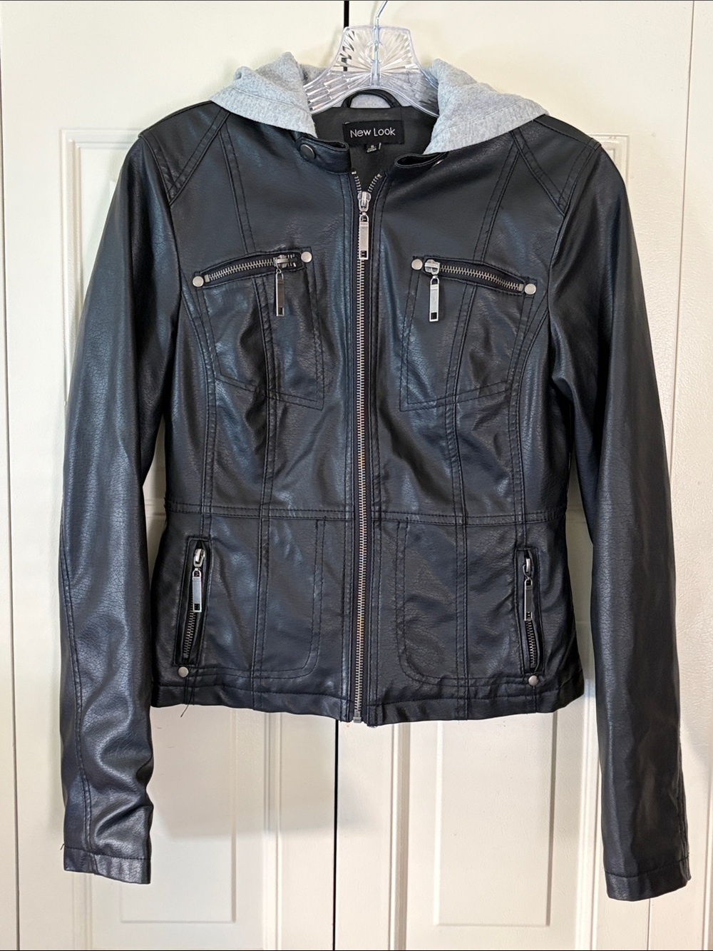 Indie Sleeze Moto Grunge Streetwear Hooded Jacket Faux Leather Retro Womens SM